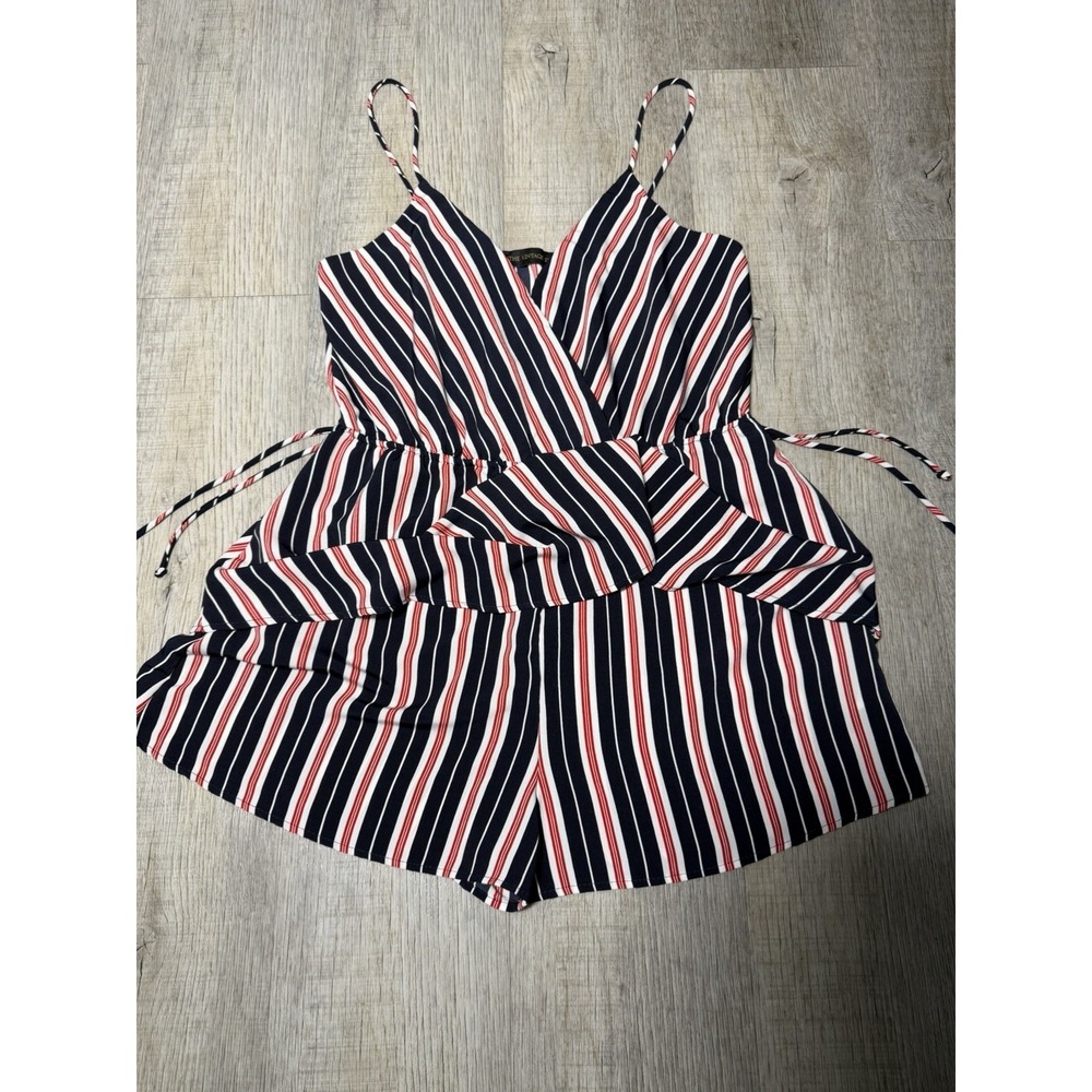 Vintage Shoppe Romper S-L Spaghetti Strap Faux Wrap Striped Red White & Blue - Picture 5 of 8